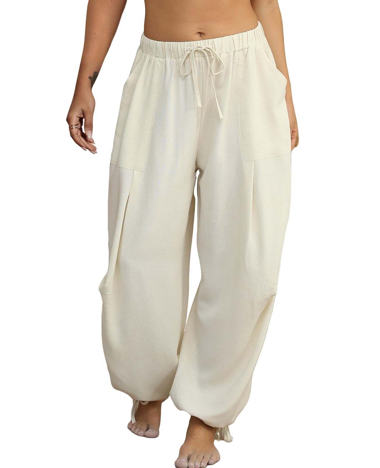 Womens Linen Summer Pants Casual Loose Palazzo Beige Linen Pants Flowy Wide L…