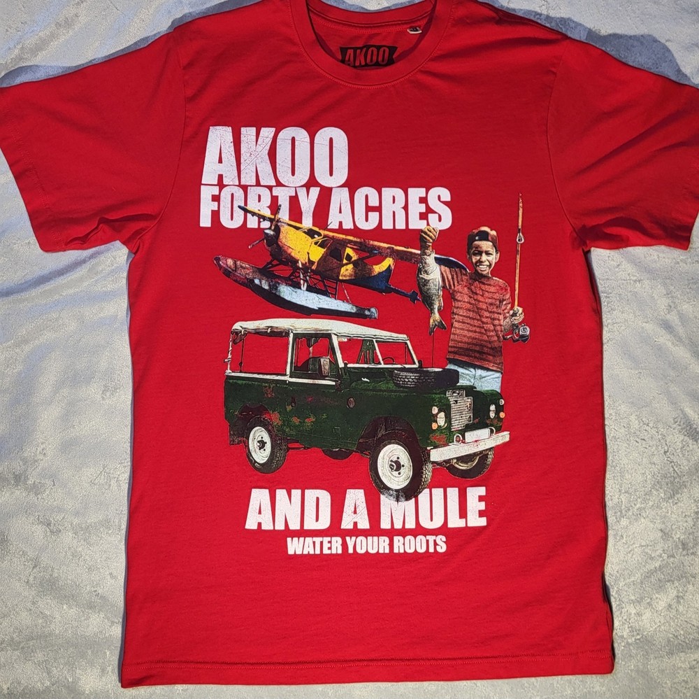 AKOO Medium Forty Acres & A Mule Men’s Red Graphic Logo Cotton Crew Neck T-Shirt