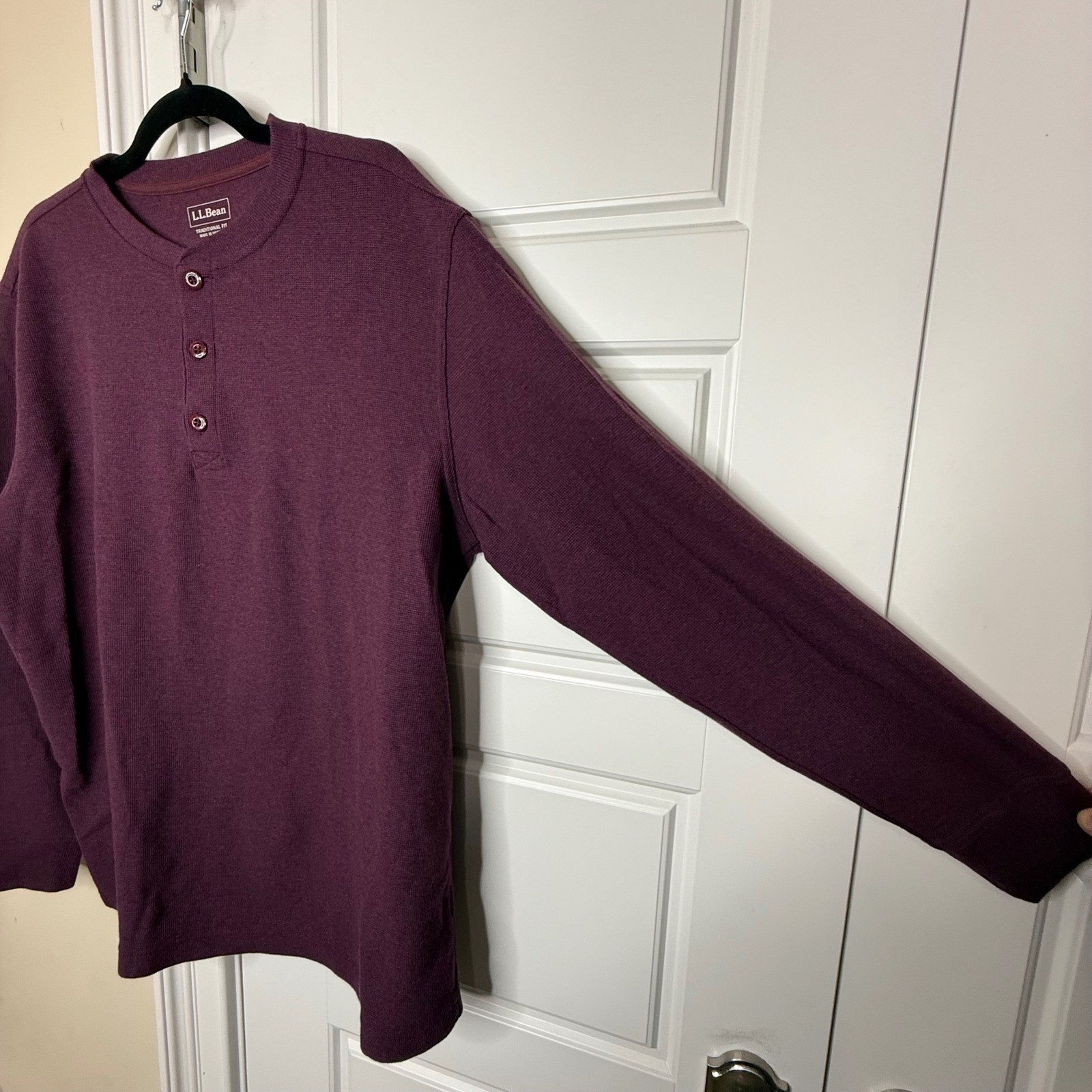 LL Bean Henley Mens L Burgundy Waffle Knit Long Sleeve Cotton Shirt 502224 gallery