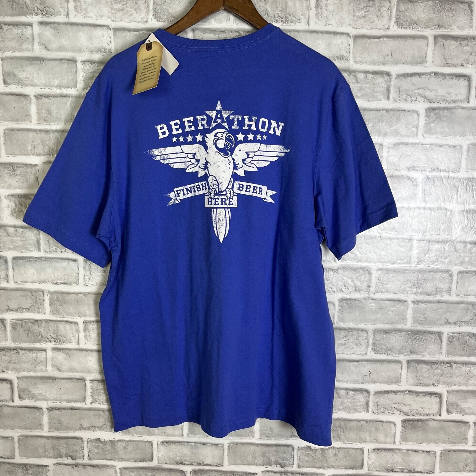 Caribbean Beer a Thon Finish Beer Here Parrot Crew T-Shirt Size Large Periwinkle gallery
