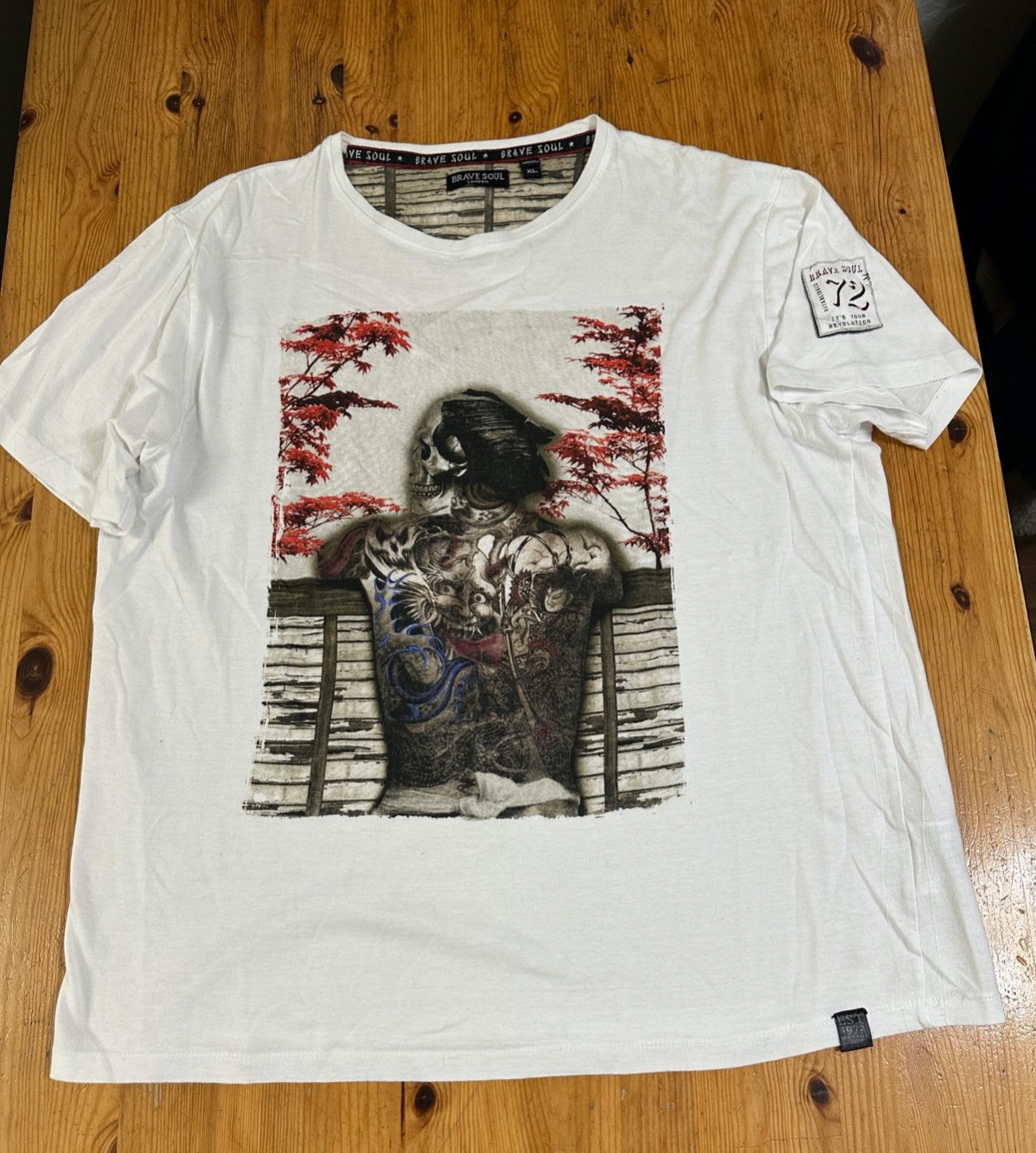 Brave Soul London Men Japanese Skull Dragon Tattoo T-shirt White size XL