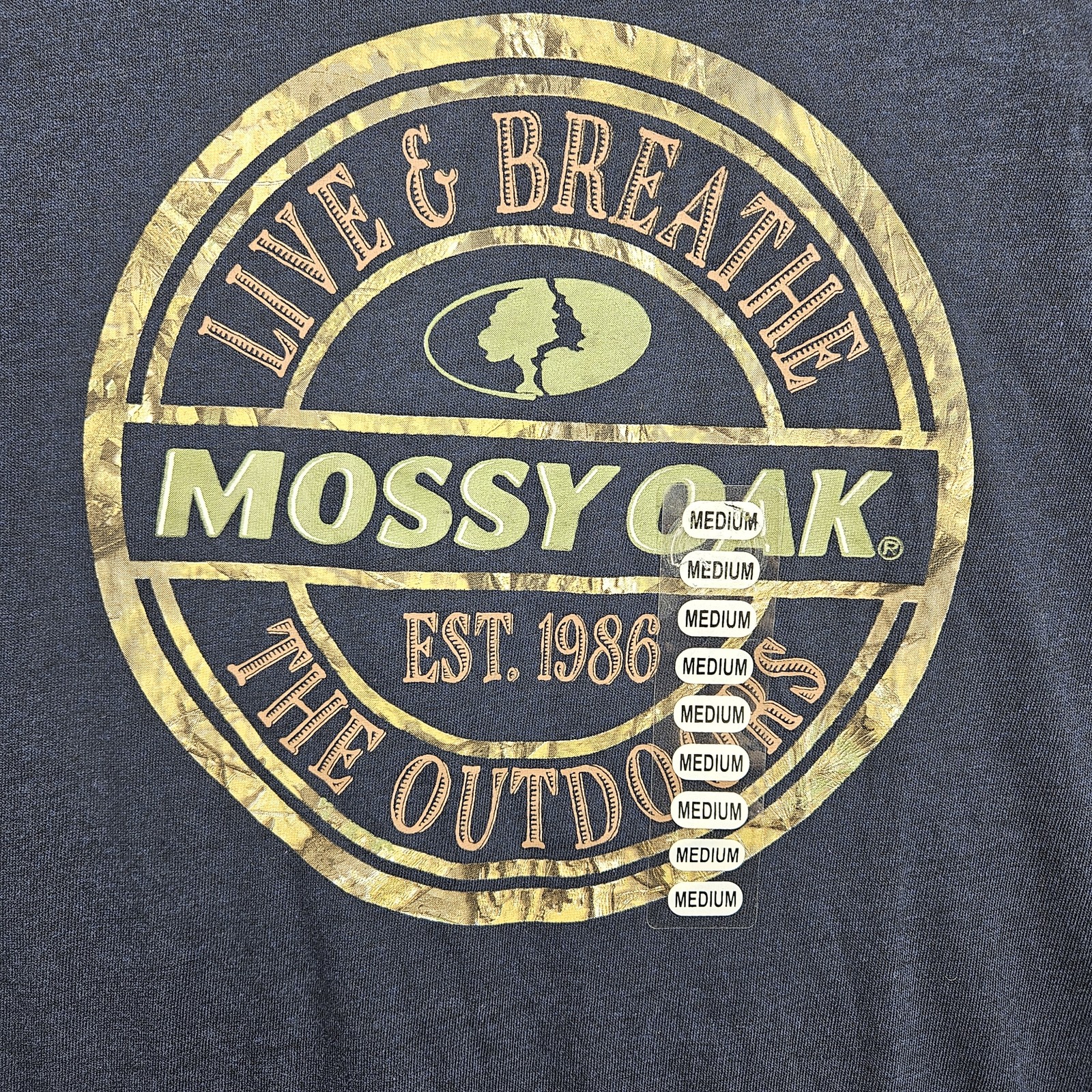 Mossy Oak Shirt Mens Medium Blue Live & Breathe Outdoors Camo Graphic Tee gallery