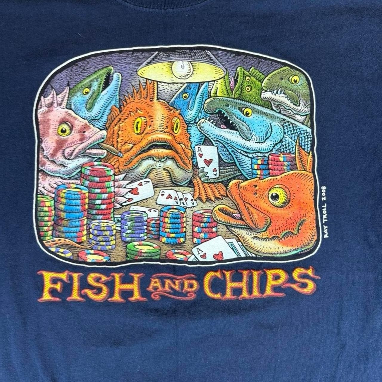 Vintage 2008 ray trolls Fish and Chips navy t-shirt Men's Size Large gallery