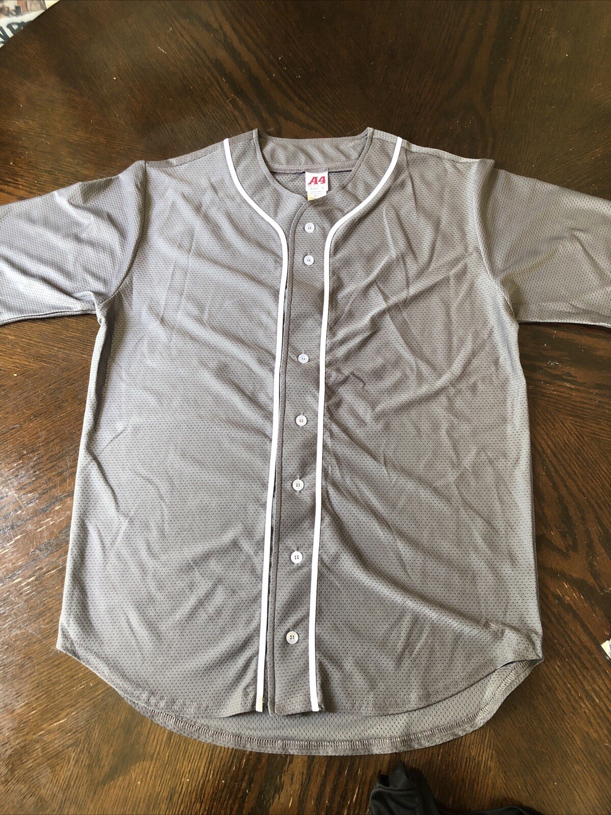 A4 N4184 Mens Short Sleeve Full Button Baseball Jersey Gray, Size Small, New!!! gallery