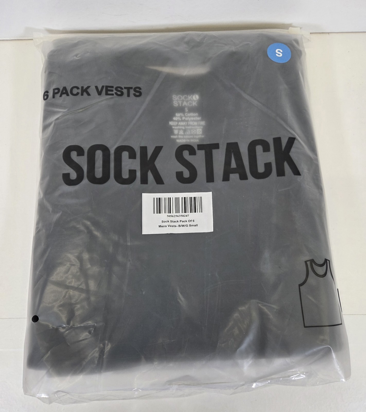 Sock Stack Lightweight Mens Vests Size Small Black White Grey 6 Pack Bundle