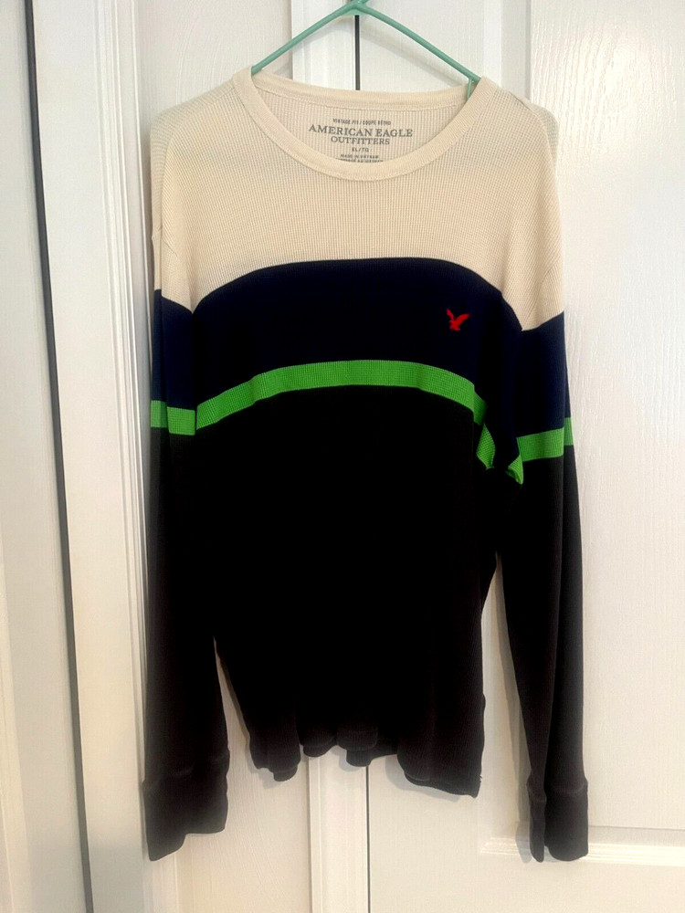 New American Eagle Mens Shirt long sleeve thermal size XL Ivory Navy Charcoal XL