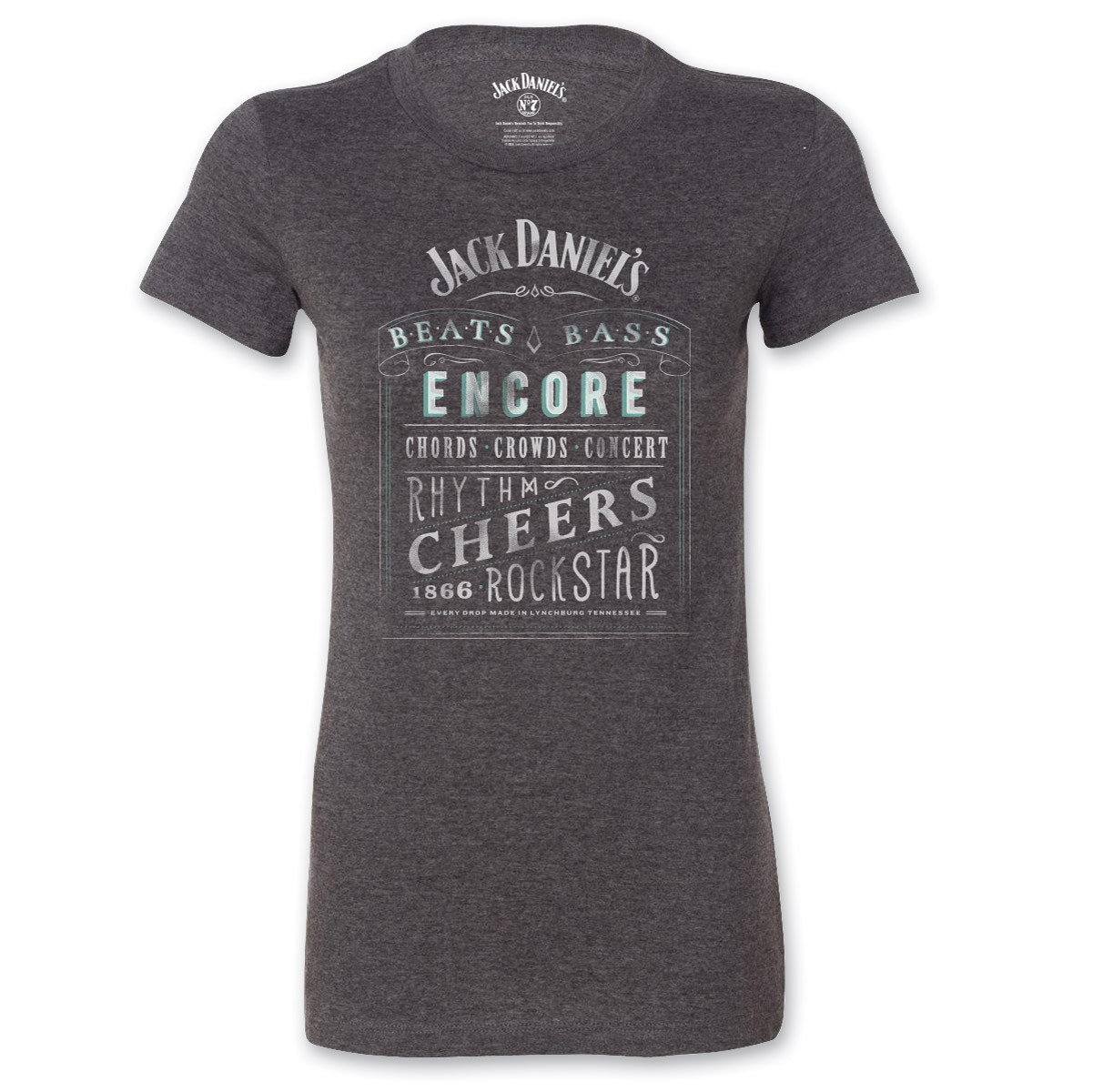 Women’s T-Shirt Jack Daniels Music XXL Tee 1866 Grey Old No 7 Encore Rockstar O1