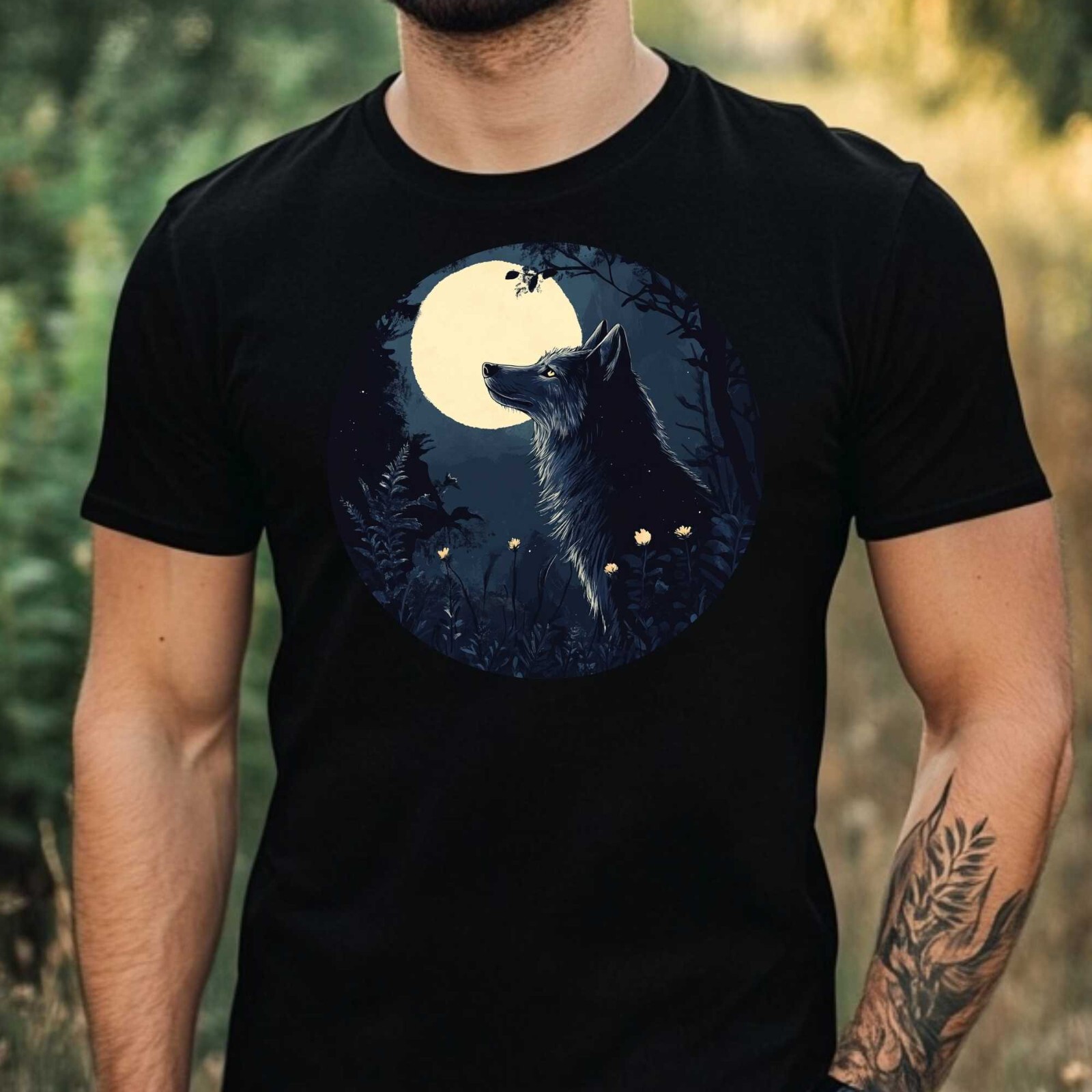Mens Wolf in the Moonlight Motif Cotton T-Shirt Size XS to 5XL