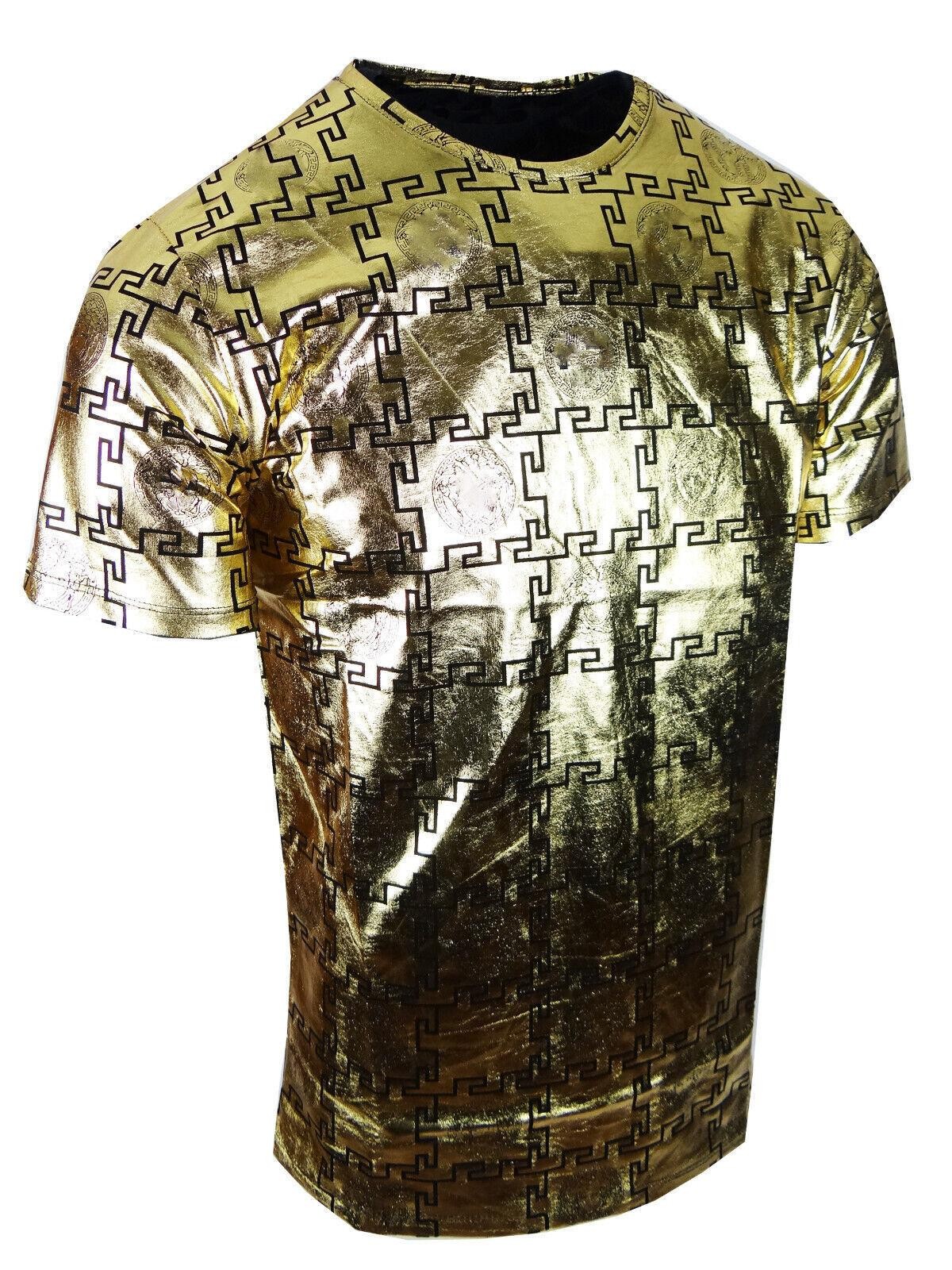 Mens T- Shirt Designer Italian Shiny Gold Print Slim Fit Stretch Casual Club gallery