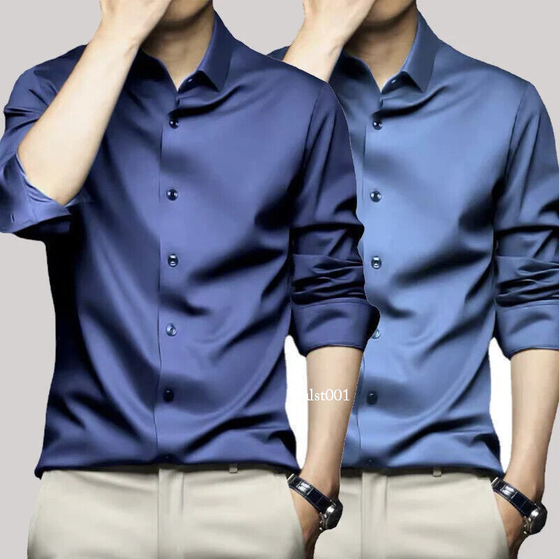 Men’s Long Sleeve Shirt Pure Color Shirt Business Casual Ice Silk Glossy Shirt