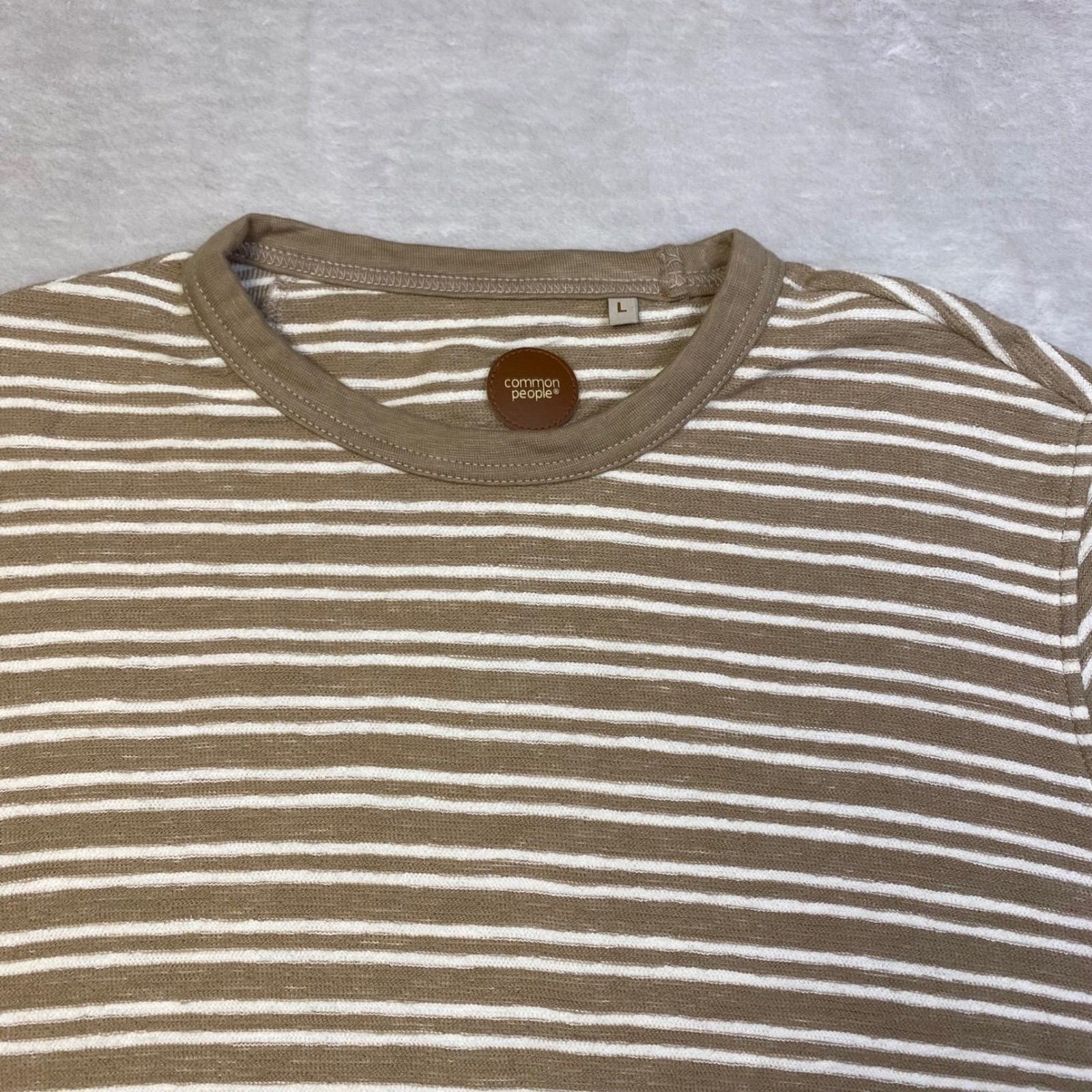 Common People Mens Striped T-Shirt Large Short Sleeve Casual Beige White gallery