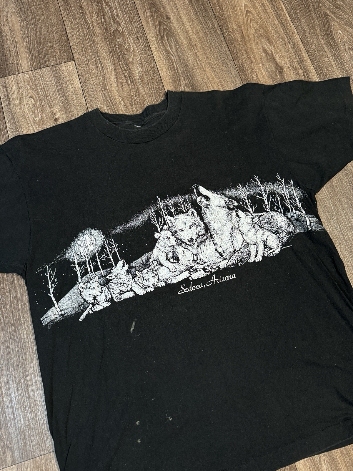Vintage Sedona Arizona Wolf Wrap Around Nature Animal Black T-Shirt XL 1990 gallery
