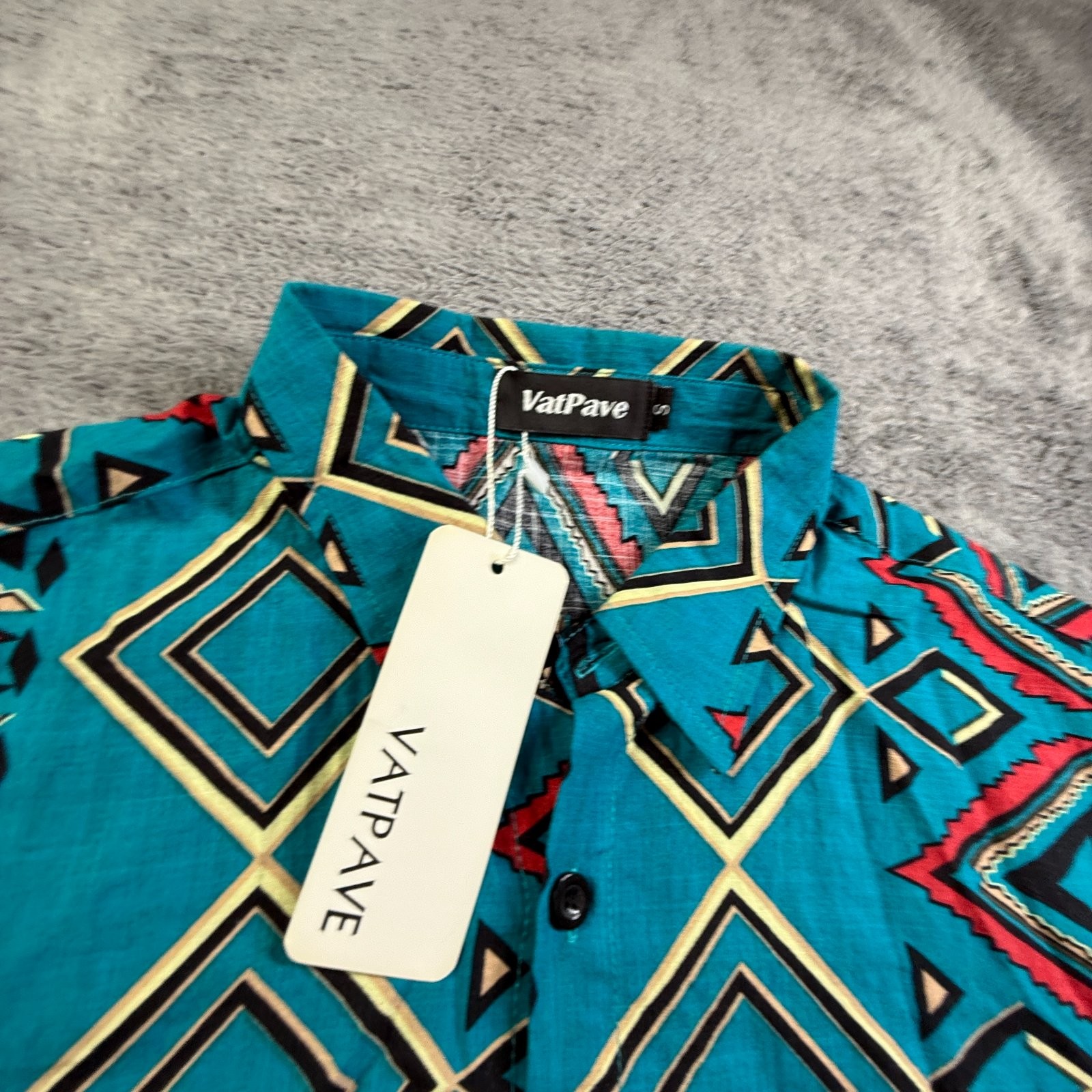 VatPave Men's S Cotton Blend Button Up Shirt Tribal Geometric Blue Collared gallery