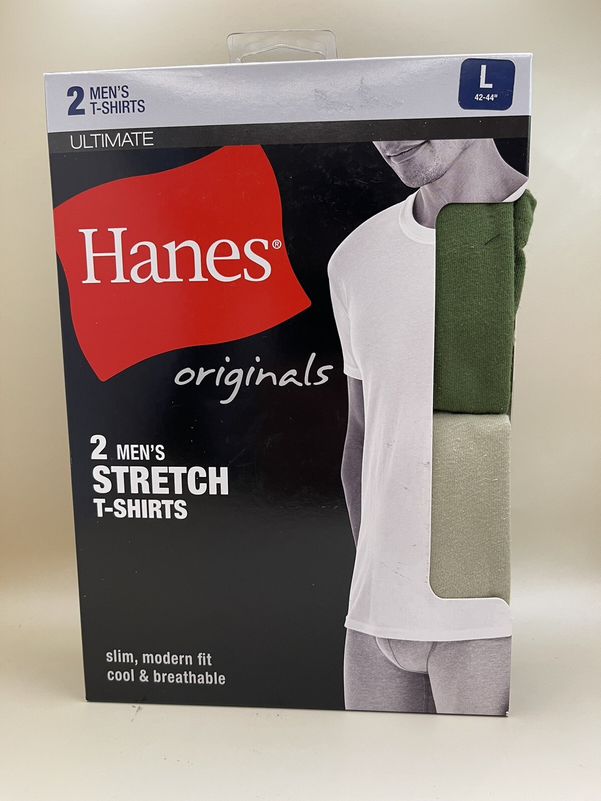 Hanes Ultimate Men’s 2 Pack Stretch T-shirts Sz L 42-44” Slim Fit Green/tan gallery