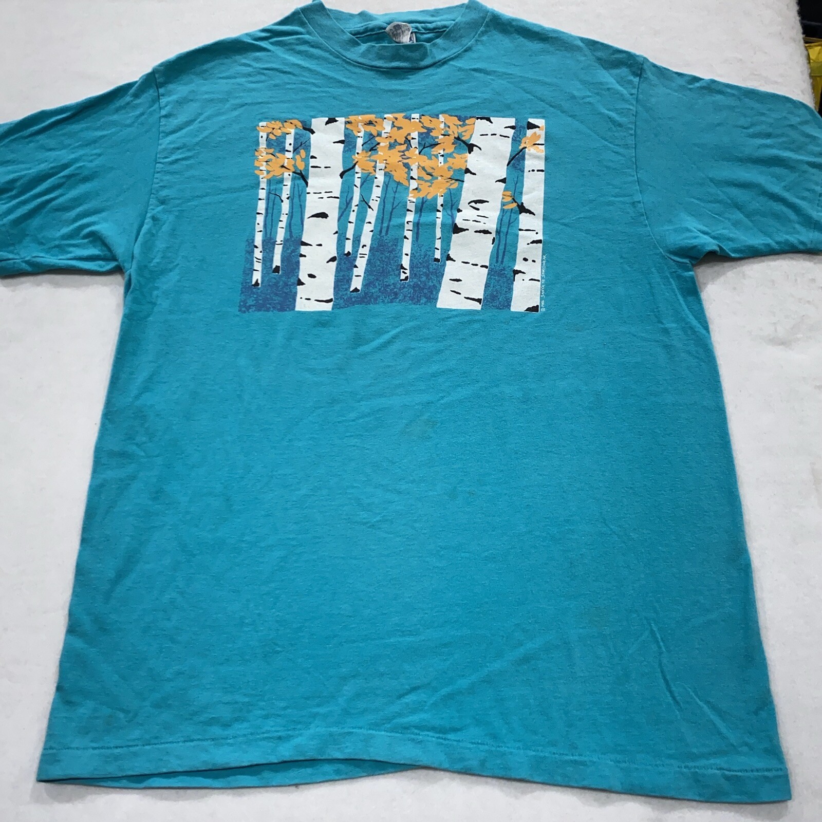 vintage 80s FALL WINTER FOREST NATURE ART T-Shirt LARGE soft leaves trees gallery