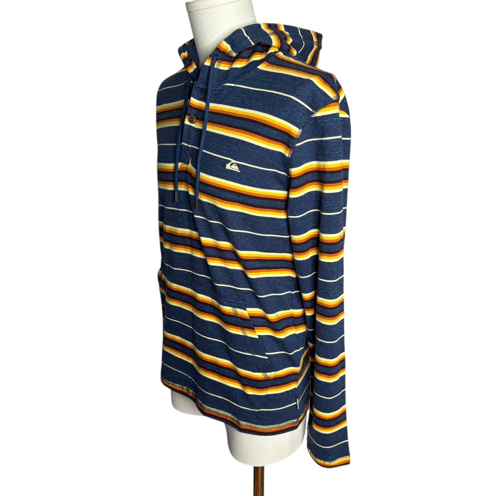 Quicksilver Hooded Henley Long Sleeve Shirt S Blue Striped Kangaroo Pocket NEW gallery