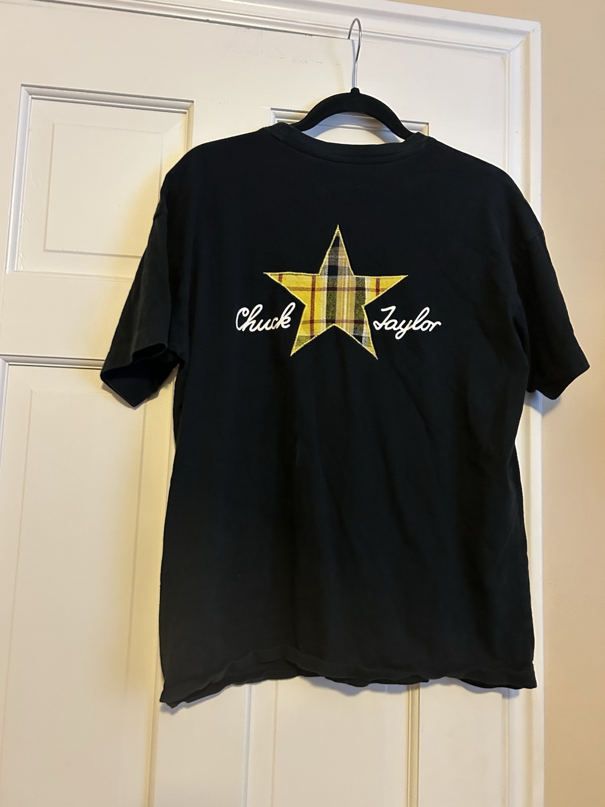 Chuck Taylor Converse Men’s Tshirt Black W/ Yellow Plaid Star Embroidered EUC gallery
