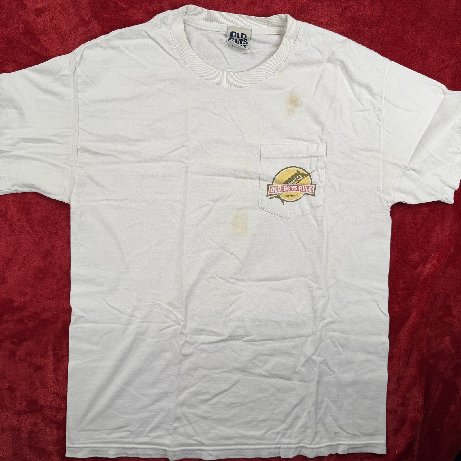 Old Guys Rule Size Matters Marlin Fishing T-Shirt Men's White Pocket Tee XL gallery