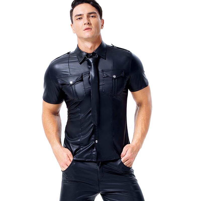 Mens Faux Leather PVC Short Sleeve T Shirt Top Nightclub Cool Men Shirts Uniform gallery