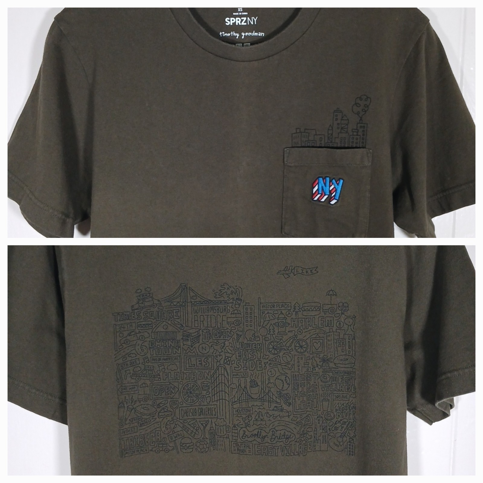 Uniqlo SPRZ NY × Timothy Goodman Shirt Men’s XS Olive Graphic Pocket NYC Map Art