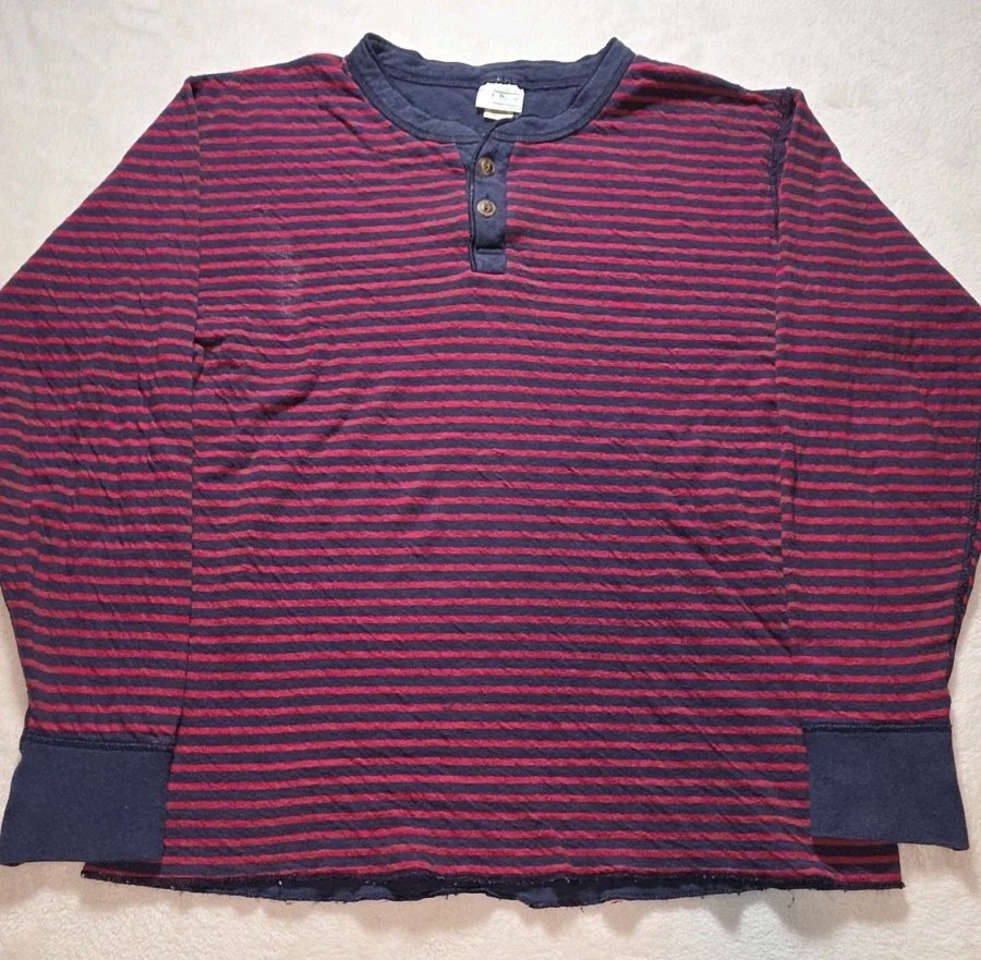 Vtg LL BEAN RIVER DRIVERS Shirt Blue Red Stripe Henley Heavy USA Medium Flaws