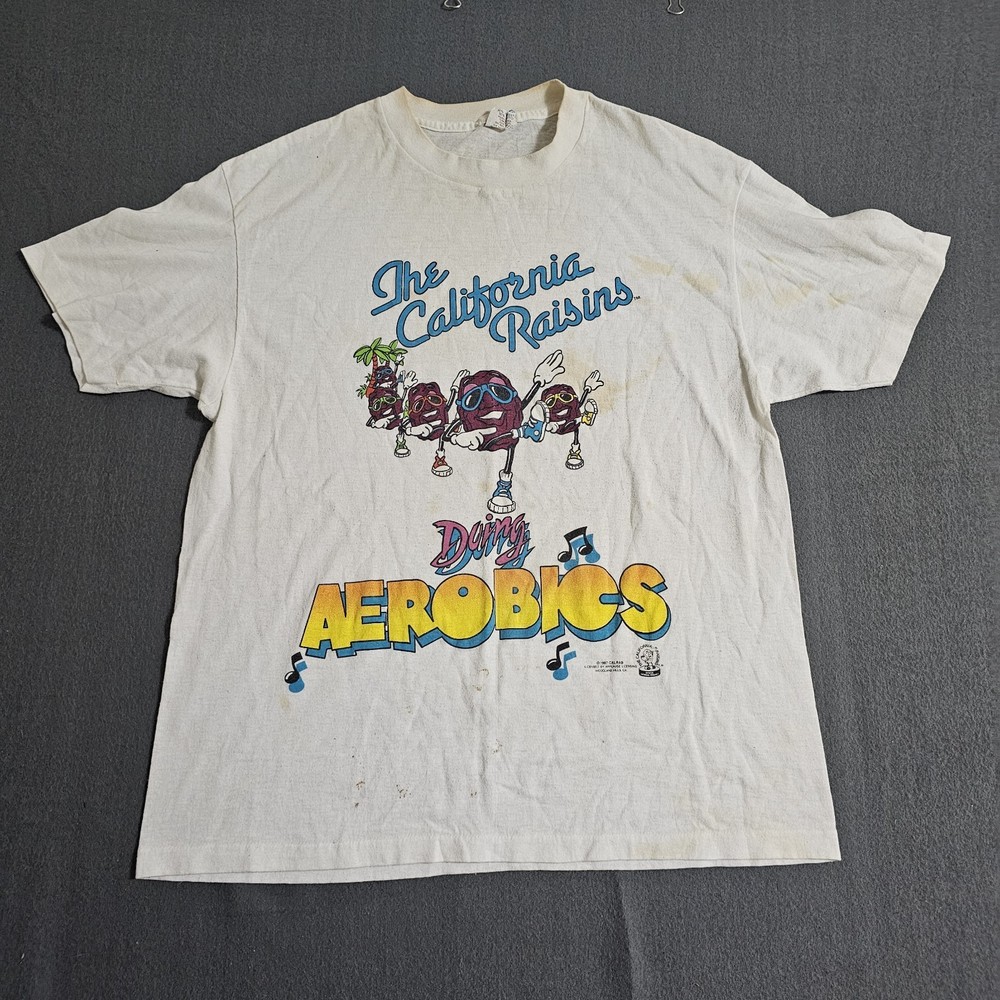 Vtg Stained 1987 3xSun Large White California Raisins “Dancing Aerobics” T-Shirt
