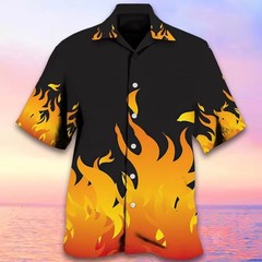 Mens Button Down Black Fire Flame Hawaiian Novelty Holiday Summer Gift Shirt