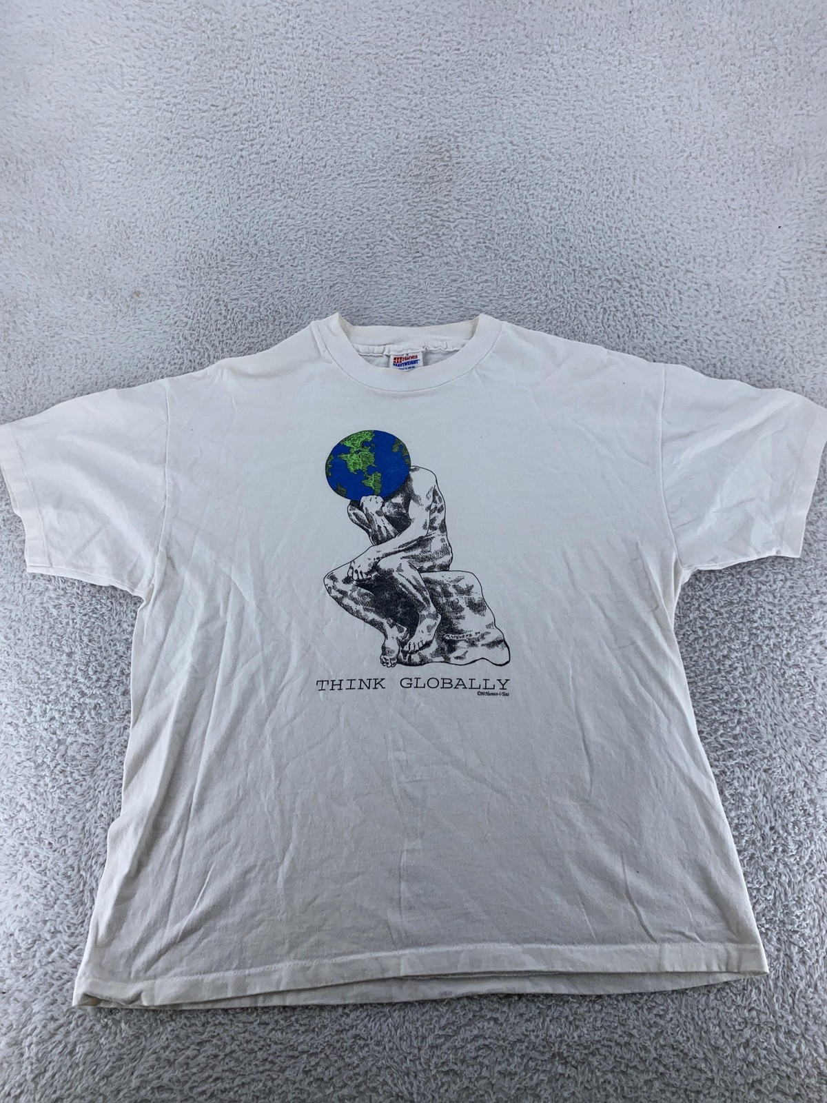 Vintage Think Globally Shirt Mens L/XLThe Thinker Earth Rodin Art Philosophy 90s gallery