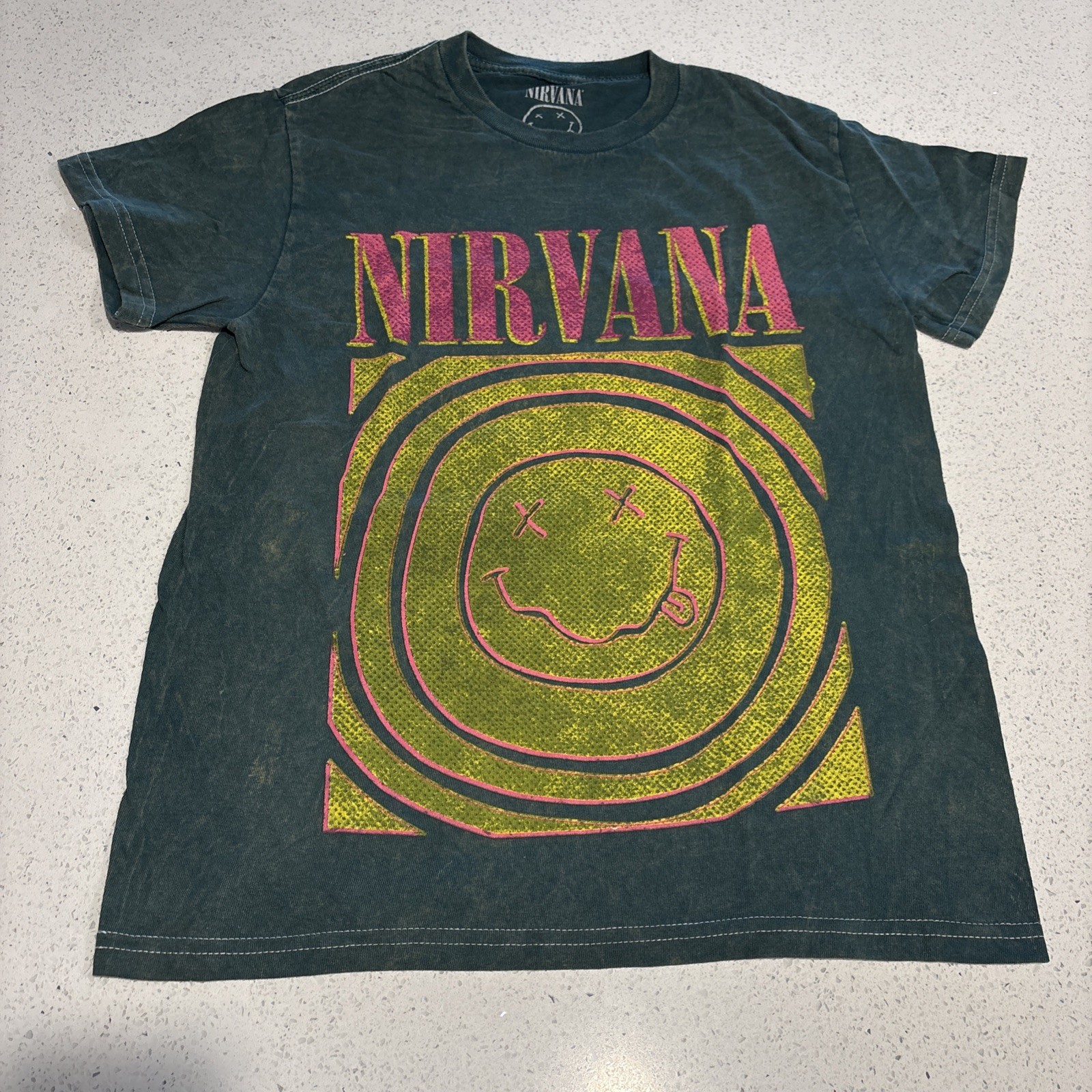 Official Nirvana Smiley Face Distressed Band Tee Shirt Green Size Small