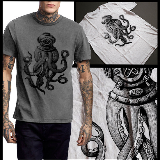 Goth Steampunk Octopus Deep Water Diving Mask Science Vintage fantasy T-Shirt