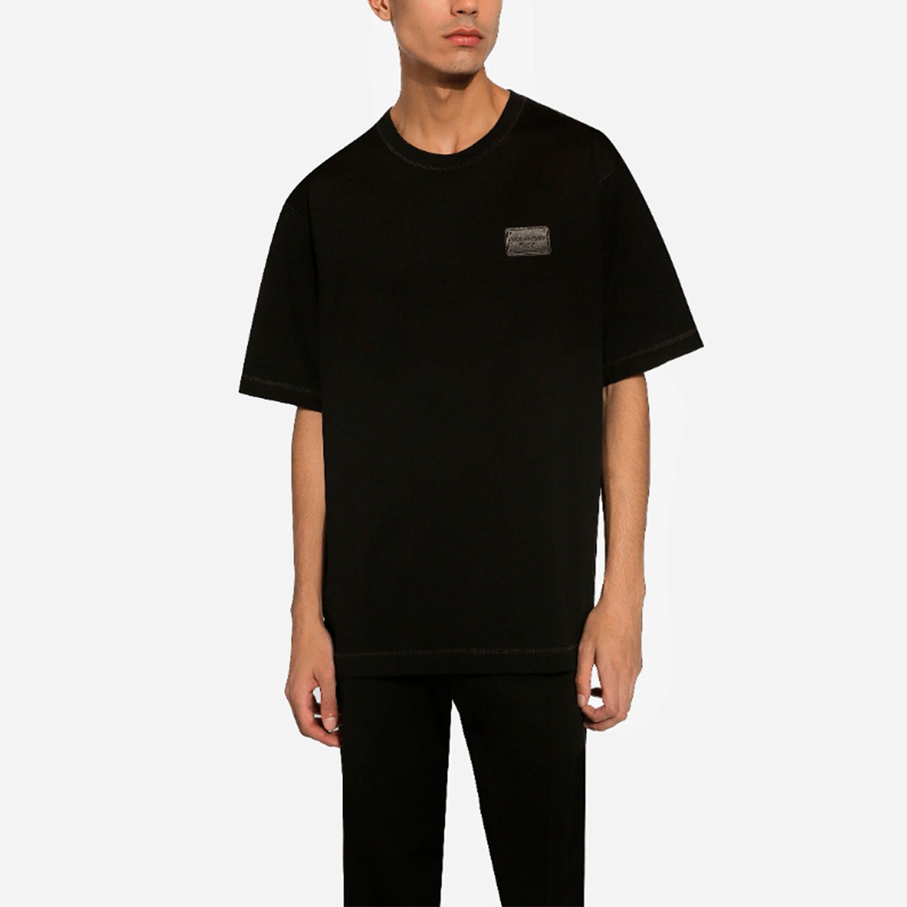 DOLCE & GABBANA Men's Branded Tag Logo Plaque Cotton Oversized T-Shirt – Black gallery