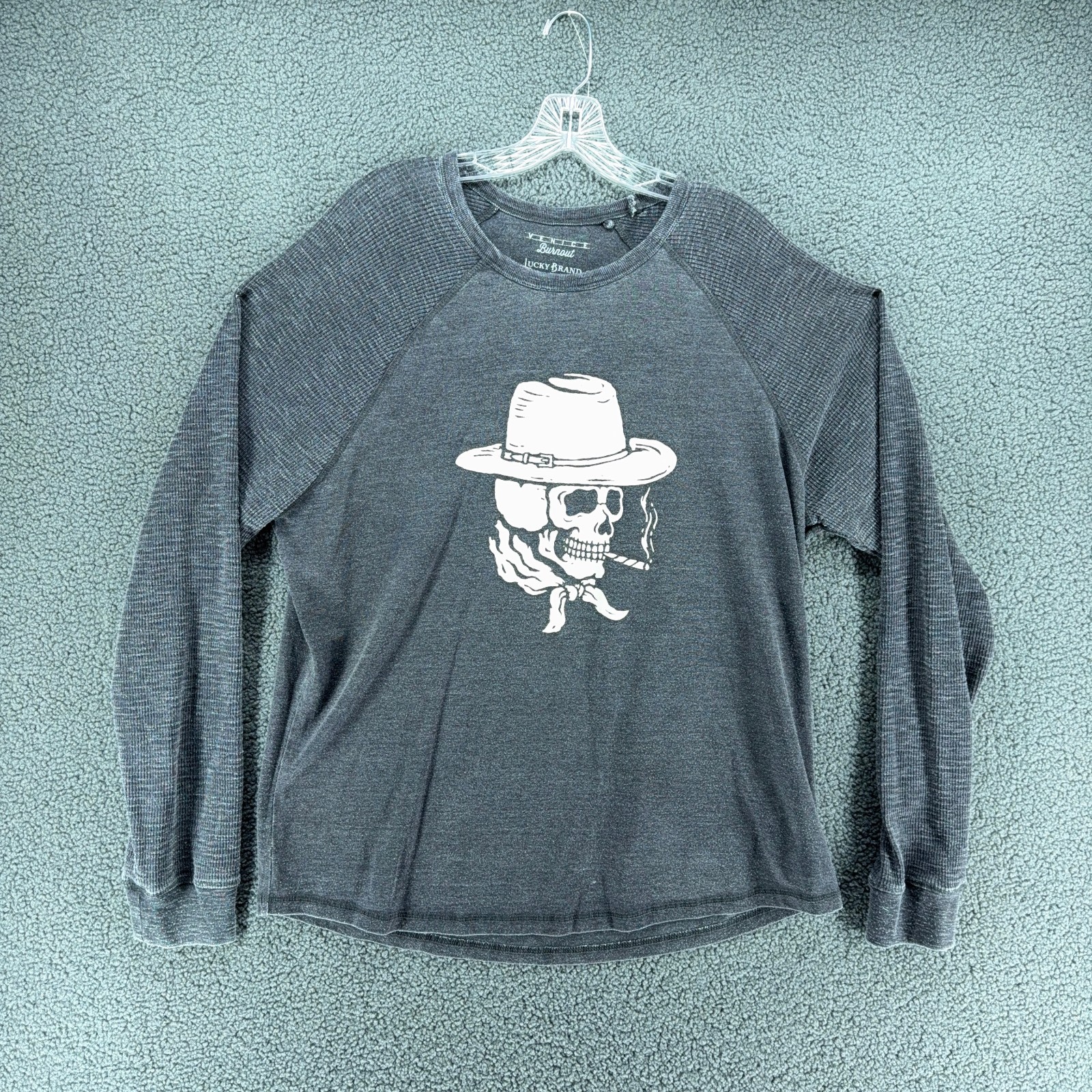 Lucky Brand Venice Burnout Shirt Mens XL Charcoal Grey Skull Cowboy Long Sleeve gallery