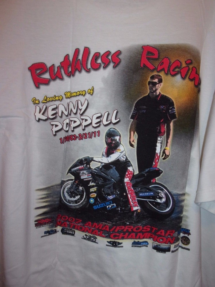Rethless Racing white graphic 3X Kenny Poppell 07 AMA PROSTAR Champion t shirt