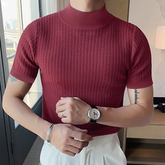 Mens Mock Turtleneck Pullover T-Shirt Knitted Sweater Slim Fit Short-Sleeve-Tee