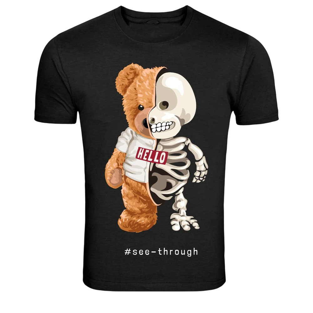 Half Skeleton Teddy Bear See Through Graphic T Shirt
