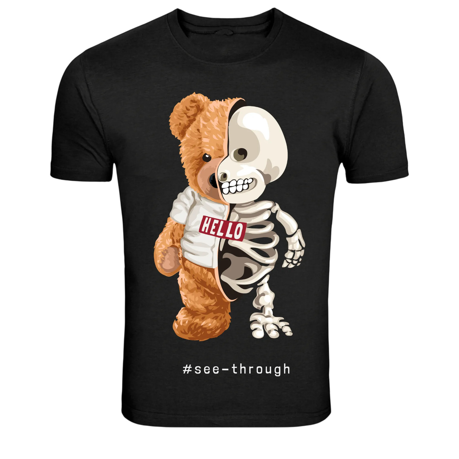 Half Skeleton Teddy Bear See Through Graphic T Shirt