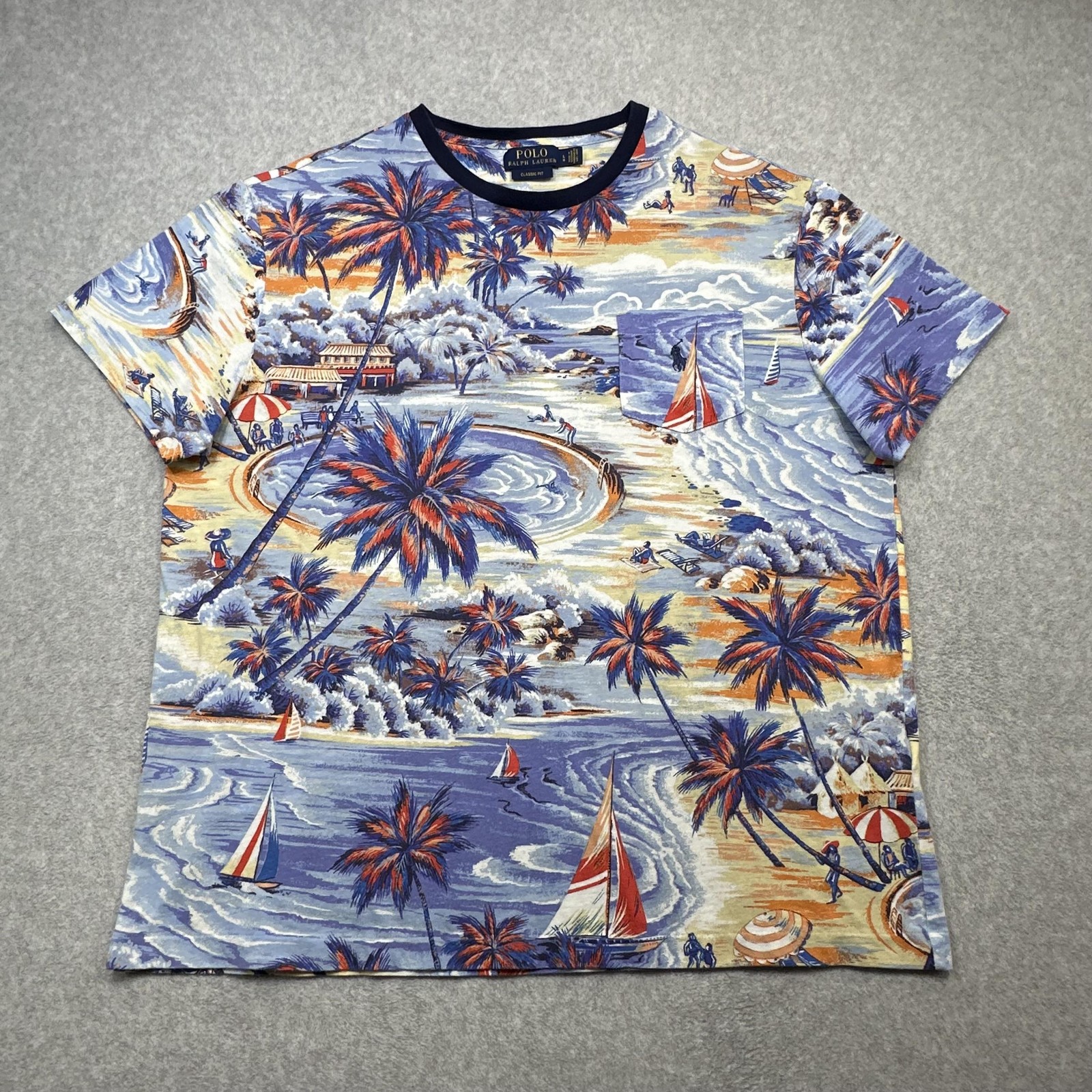 Polo Ralph Lauren Shirt Mens Large Blue Tropical Island Pocket Classic Fit