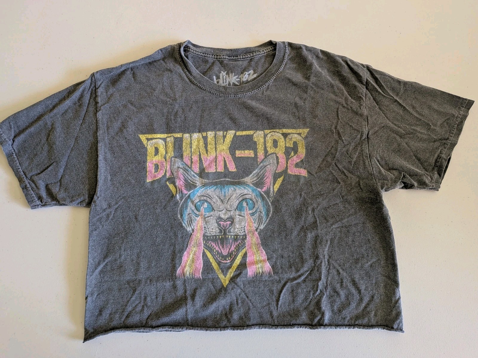 Blink-182 by Goodie Two Sleeves Cat Graphic Gray Men's Crop Top T-Shirt S/M gallery