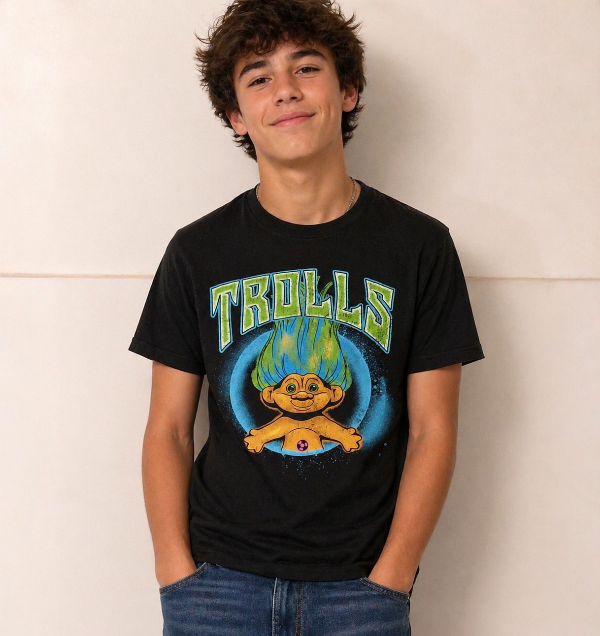 NWT VINTAGE STYLE TROLLS ADULT MEN'S MEDIUM GOOD LUCK DREAMWORKS BLACK T-SHIRT gallery