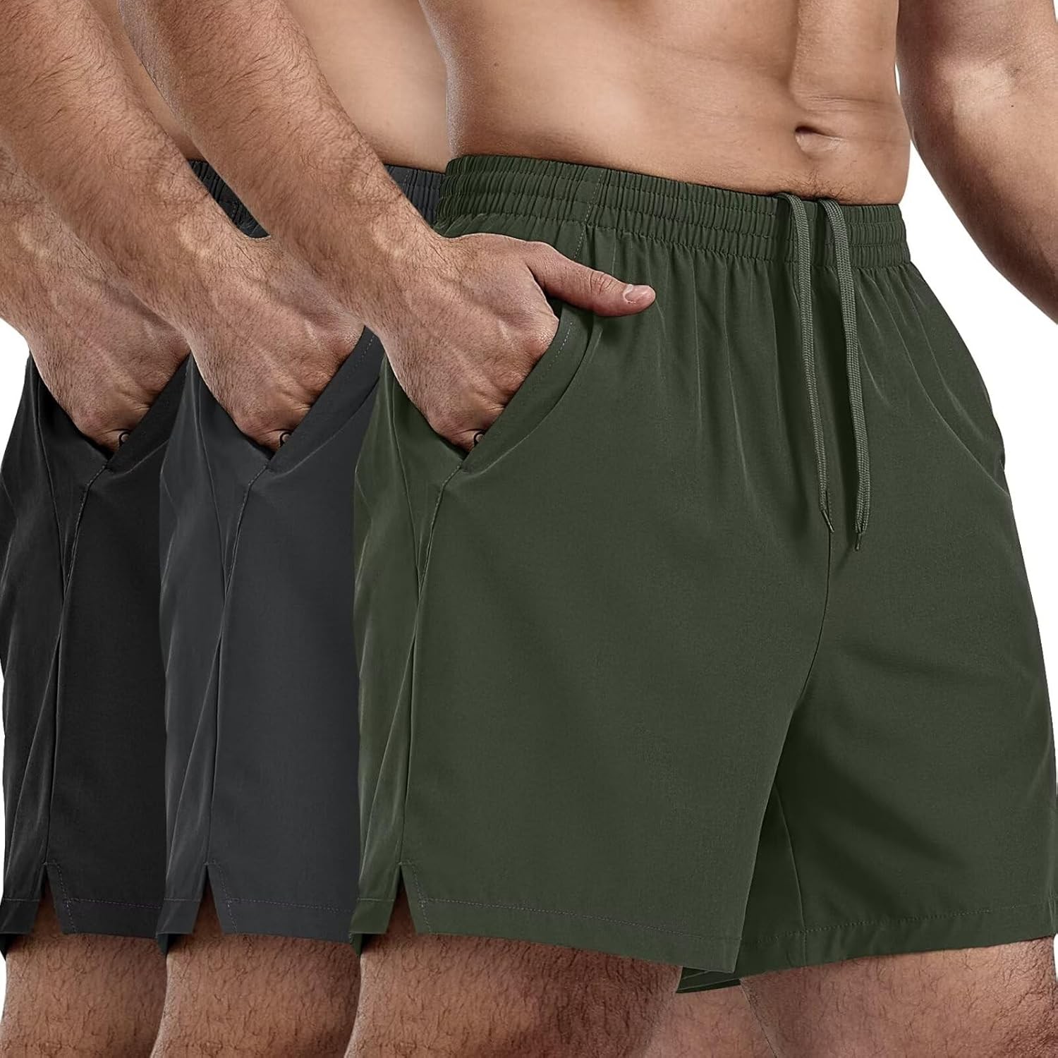 3 Pack Men’s Athletic Running Shorts 5 Large, Black,dark Gray,army Green