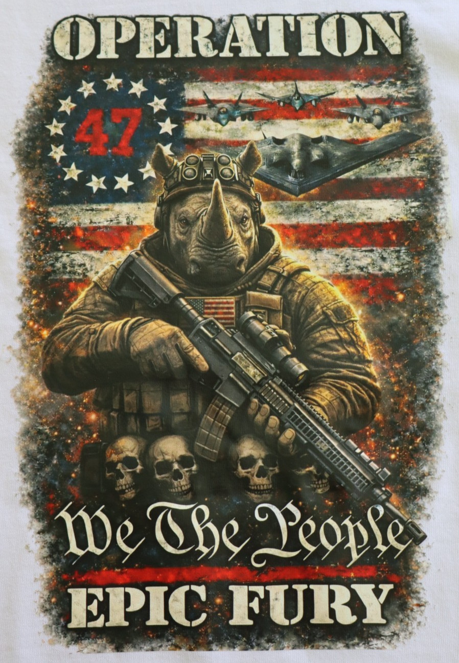 Operation Epic Fury US Flag Stars Stripes Rhino Skulls America Print T-Shirt WAR gallery