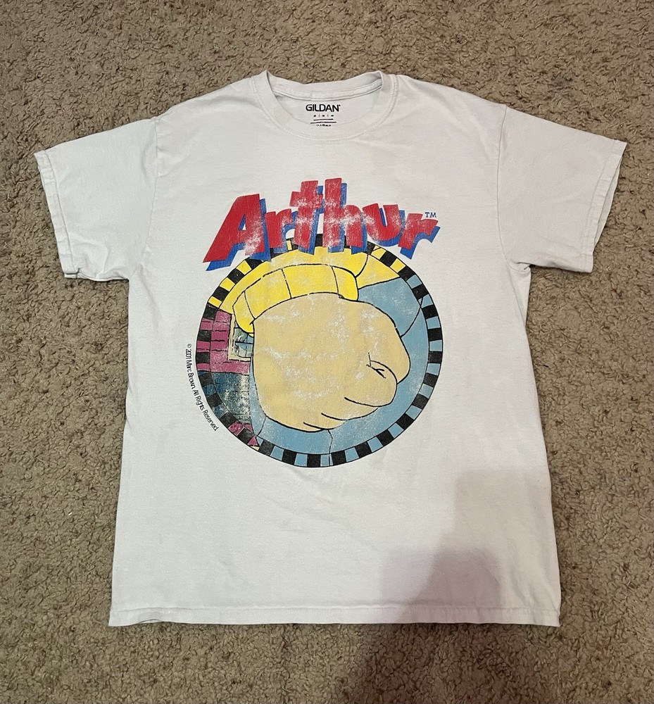 Vintage 2001 Arthur Fist T-shirt Medium Cartoon Tv Show Meme White Grahpic Tee.