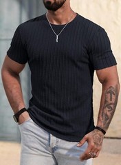 Men’s Slim Fit Textured Knit Short Sleeve Shirt Stretch Ribbed Crewneck Tee S-XX
