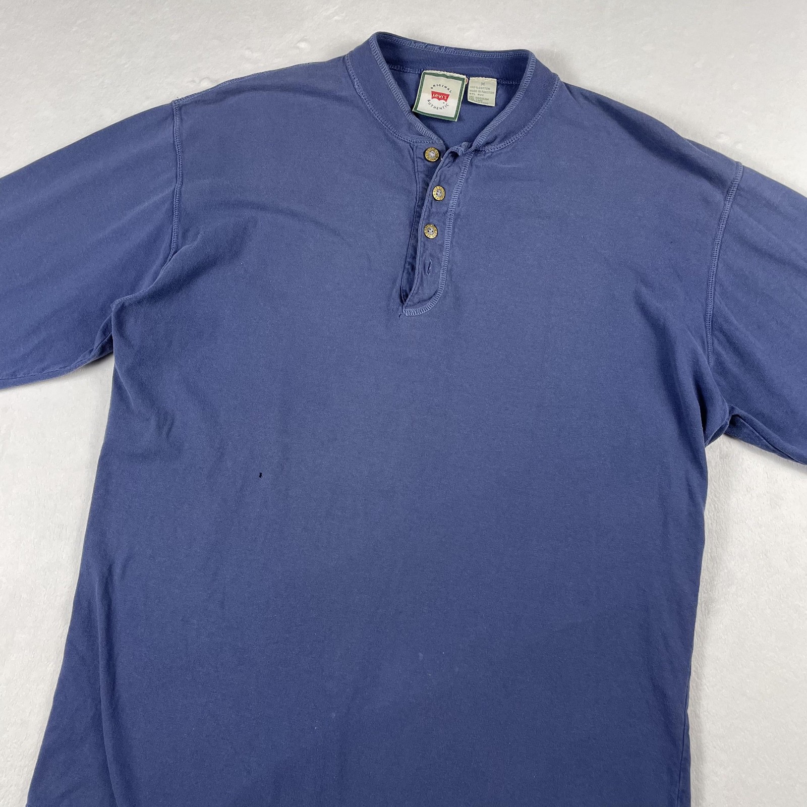 Vtg 90s Levis Shirt Mens M Blue Henley Long Sleeve Cotton Logo Patch Distressed gallery