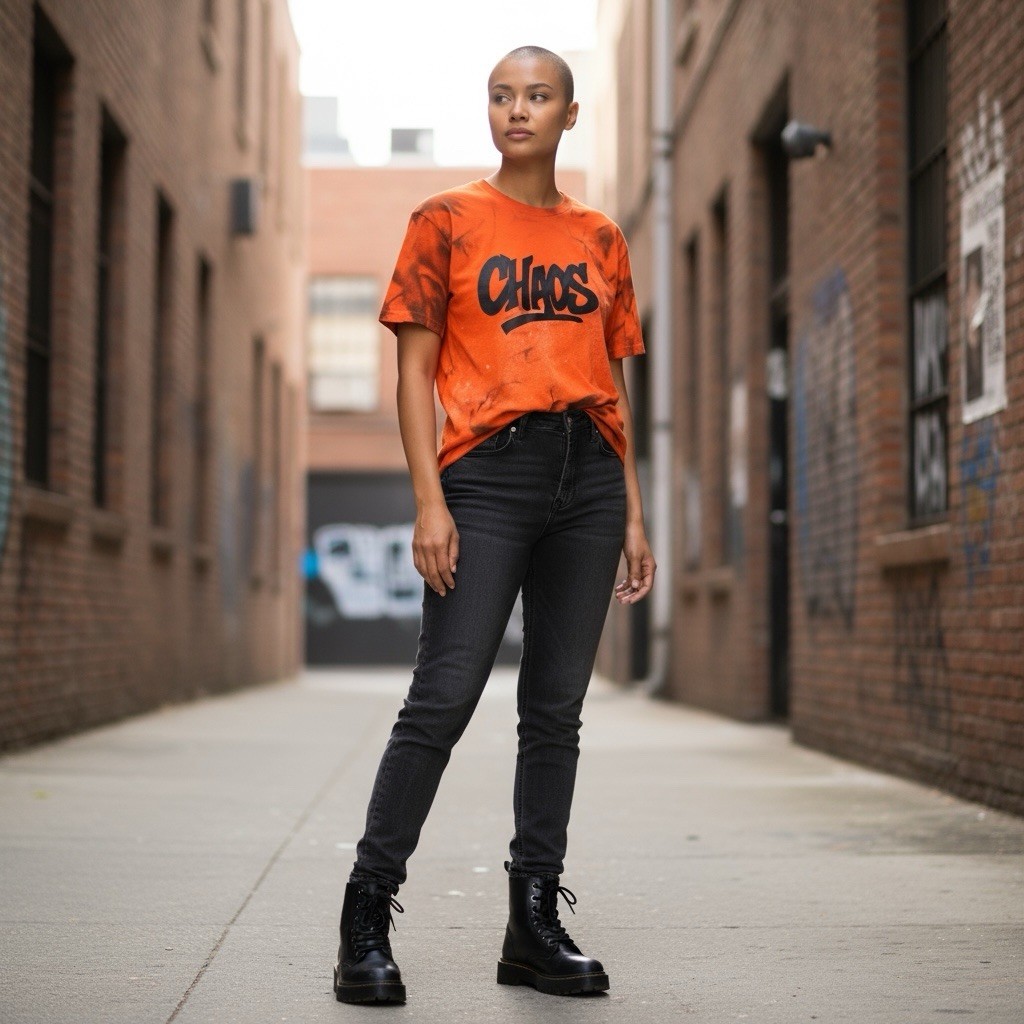 Custom Orange CHAOS Graphic Tee Handmade Spray Effect Shirt Streetwear gallery