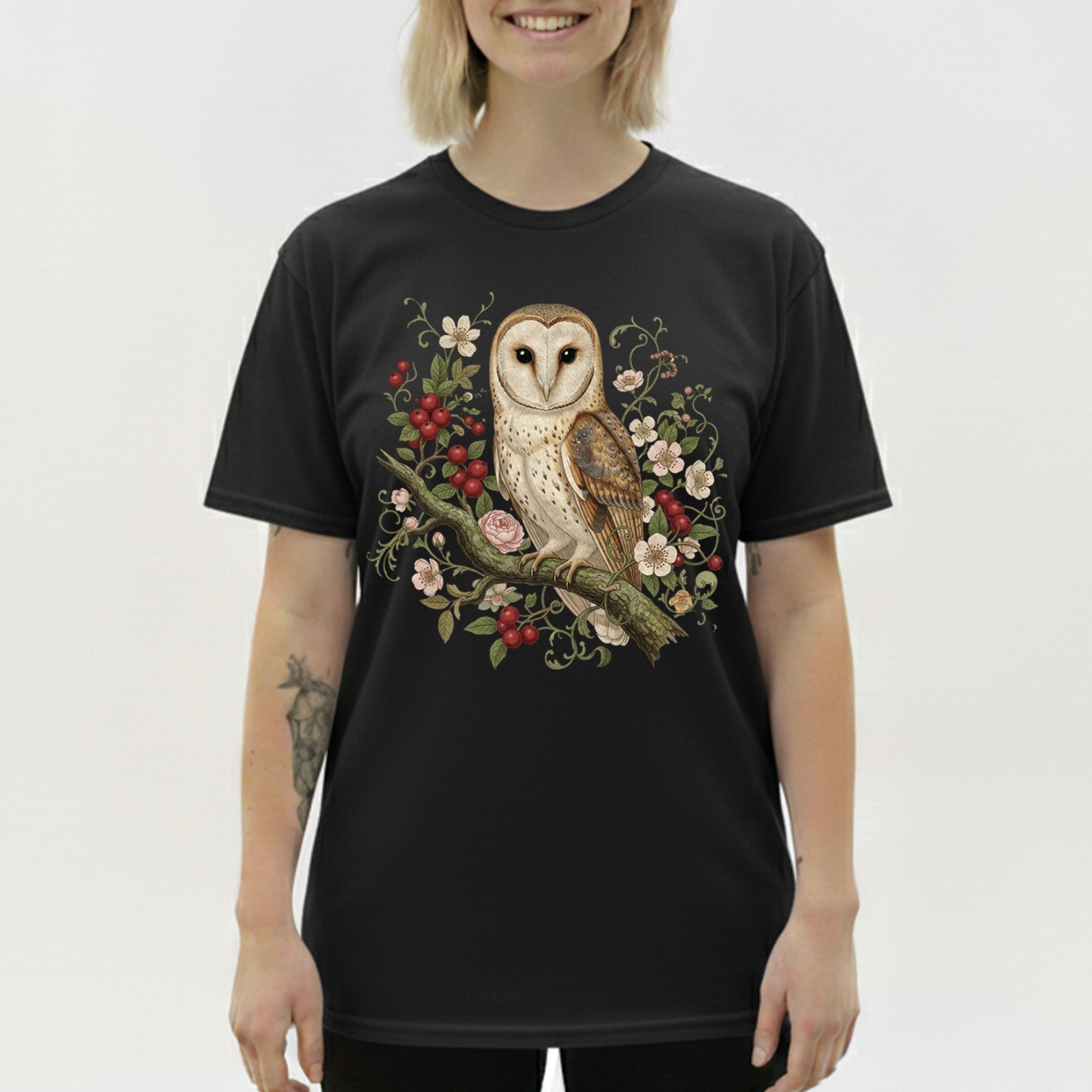 Barn Owl T-Shirt Vintage Floral Botanical Art Cottagecore Bird Lover Nature Tee gallery