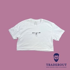 drink your milk custom embroidery men White heavy weight cotton crop top T-shirt