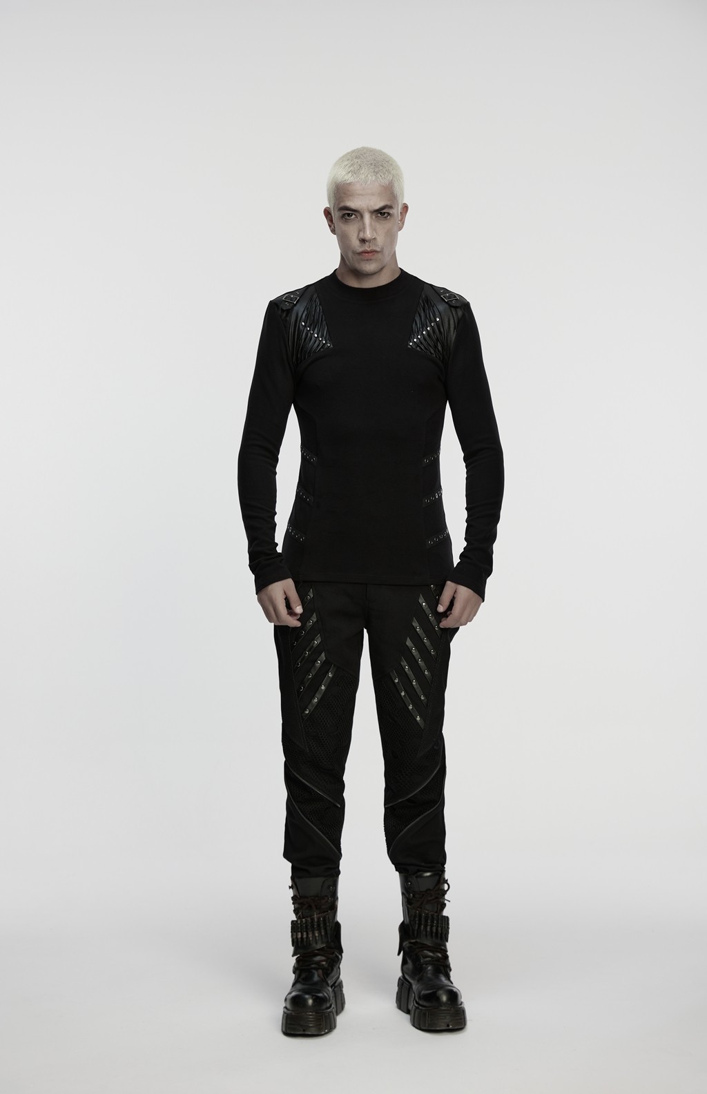 Punk Rave Men Black Gothic Handsome Punk Splicing Knitted T-Shirt Slim Fit Tops gallery