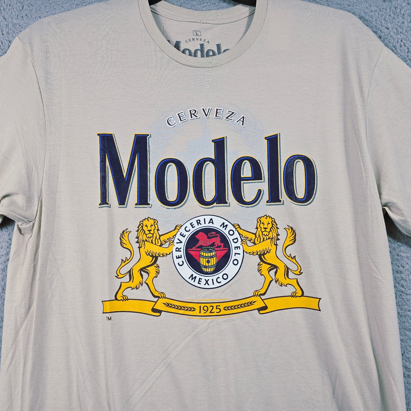 MODELO SHIRT MENS Large Beige Beer Casual Cervesa Logo Lager NWT