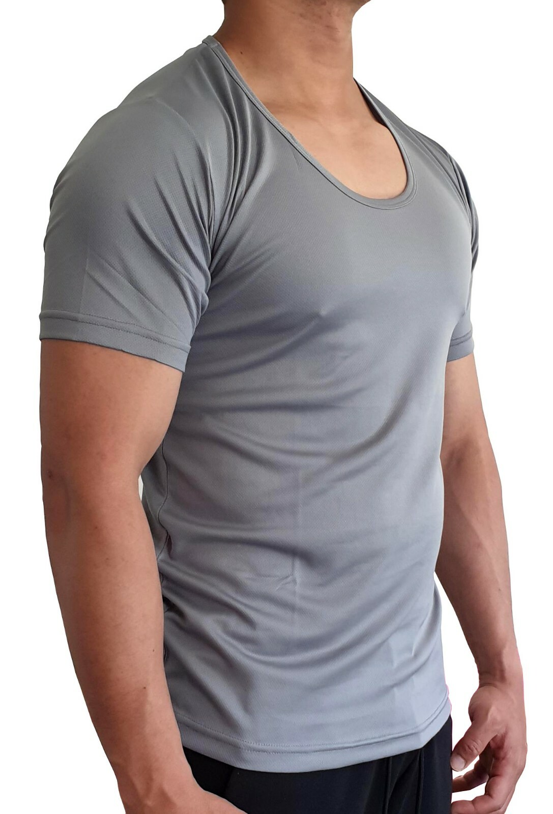 MENS SCOOP NECK T SHIRT QUICK DRY POLYESTER SLIM FIT S - XXL EURO CASUAL MUSCLE gallery